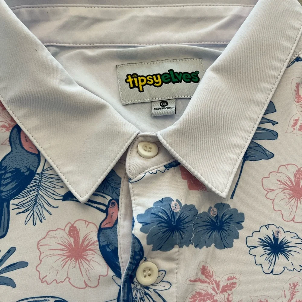 Tipsy Elves Toucan Tango Performance Polo Shirt Men's 2XL Hawaiian Short Sleeve‎